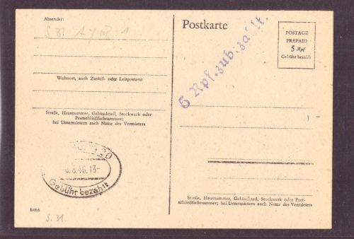 Postkarte Gebühr bezahlt 5 Rpf zub. zahlt 1946 A y III 1