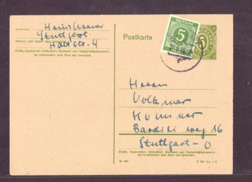 Ganzsache All. Besetzung BiZone mit zusätzlichen 5 Pfennig Stuttgart 25.5. 1948