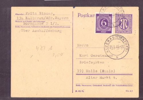 Ganzsache All. Besetzung BiZone AM - Post + 6 Pfennig Wert Stuttgart 21.5.1946