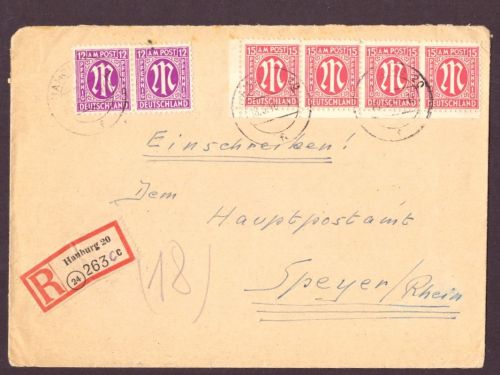 All. Besetzung BiZone AM-Post Viererstreifen mit Eckrand auf Einschreiben Hamburg - Speyer 1946