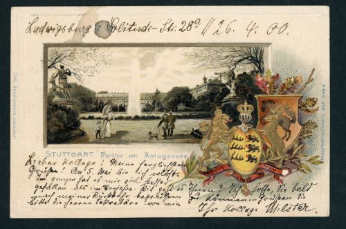 Ansichtskarte Stuttgart Wappen Prägekarte Parthie am Anlagensee 1900