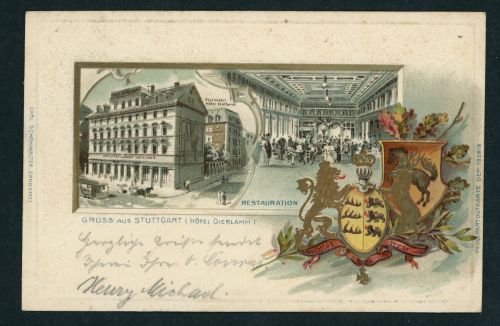 Ansichtskarte Stuttgart Wappen Prägekarte Hotel Dierlamm 1900