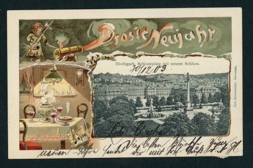 Ansichtskarte Stuttgart Prosit Neujahr 1903 - Prägekarte Schlossplatz Schloss