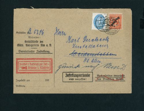 Deutsches Reich Dienstmarken Mischfrankatur Ulm Michel Nr. 103 + 127 - 2.06.1933
