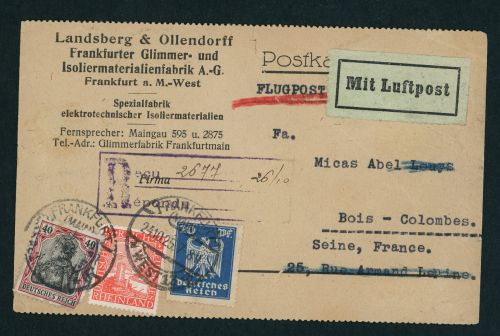 Dt. Reich Luftpostkarte Firmenkarte Frankfurt nach Bois Colomes 1925