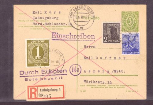 Postkarte All. Besetzung BiZone Mischfrankatur Einschreiben Ludwigsburg - Asperg 1948