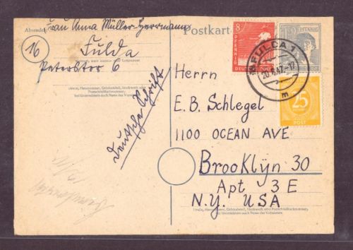 Drucksache All. Besetzung BiZone Mischfrankatur / Fulda nach Brooklyn / New York / USA 1947