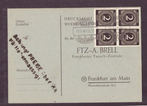 Drucksache Besetzung BiZone mit Viererblock - Einheit Frankfurt a. M. 1948