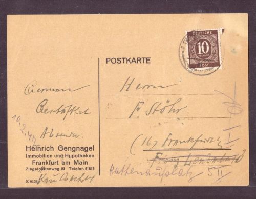 Postkarte Besetzung BiZone Ziffernserie 10 Pf - Frankfurt a. M. 1947