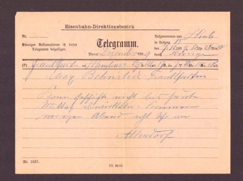 Telegramm Eisenbahn Direktionsbezirk, Hamburg nach Allendorf / 1899