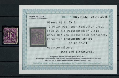Alliierte Besetzung Bizone AMPost Michel Nr. 7xI Plattenfehler gestempelt Befund
