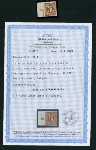 All. Besetzung Bizone AMPost Michel Nr. 22d postfrisch Randstück Befund
