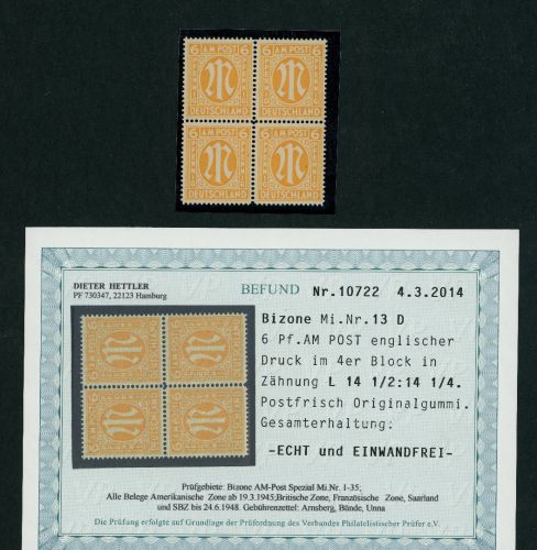 All. Besetzung Bizone AMPost Michel Nr. 13D postfrisch 4er Block Befund