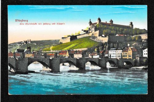 Ansichtskarte Würzburg - alte Mainbrücke mit Festung und Käpple um 1910