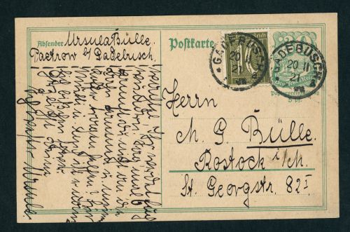 Dt. Reich Infla Ganzsache Papierzuschlag + ZUF 1921 Gadebusch n. Rostock