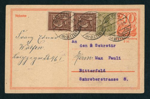 Dt. Reich Infla Ganzsache Papierzuschlag + ZUF 1922 Wolfen Bitterfeld