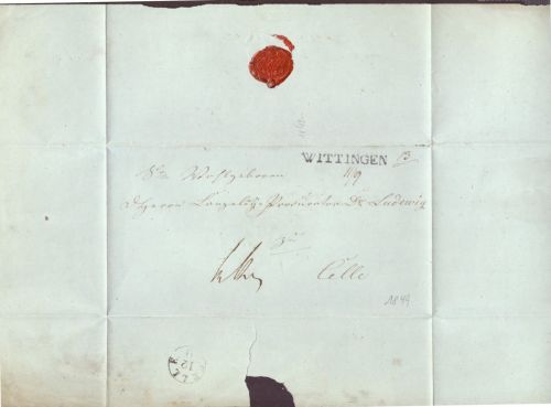 Vorphilatelie Briefhülle Wittingen nach Celle 1849