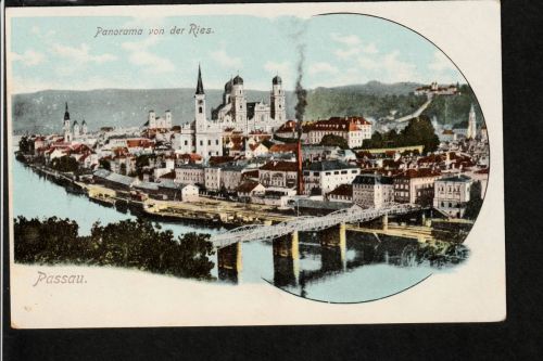 Ansichtskarte Passau - Panorama von der Ries mit Eisenbahnbrücke um 1910