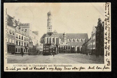Ansichtskarte Augsburg - Ulrichskirche und Maximiliansplatz - 1906 nach England