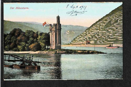 Ansichtskarte Bingen - Blick auf den Mäuseturm und Ruine Ehrenfels - 1919