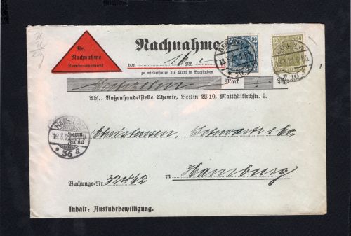 Dt. Reich Germania Mischfrankatur Nachnahme Sendung Berlin n. Hamburg