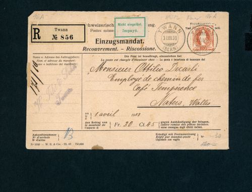 Schweiz Einschereiben Einzuzgsmandat Twann Bern 1908 nach Naters