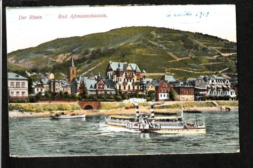 Ansichtskarte Aßmannshausen am Rhein - mit Dampfer Ansicht - 1919