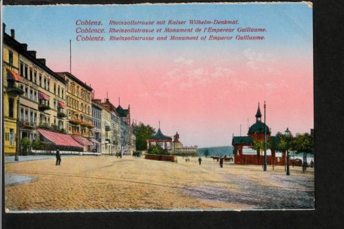 Ansichtskarte Coblenz / Koblenz - Rheinzollstrasse mit Kaiser Denkmal - um 1918