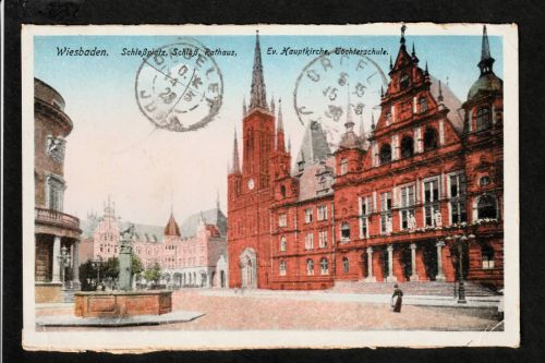 Ansichtskarte Wiesbaden - Schloß / Rathaus / Kirche / Töchterschule - Droel 1928