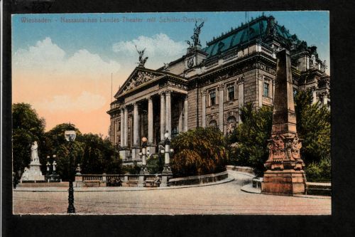 Ansichtskarte Wiesbaden - Nassauisches Theater / Schiller Denkmal - um 1914