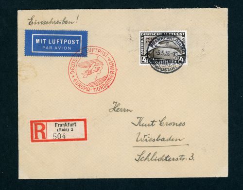Zeppelin Beleg Europa Nordamerika 1936 mit Michel Nr. 458 Polarfahrt