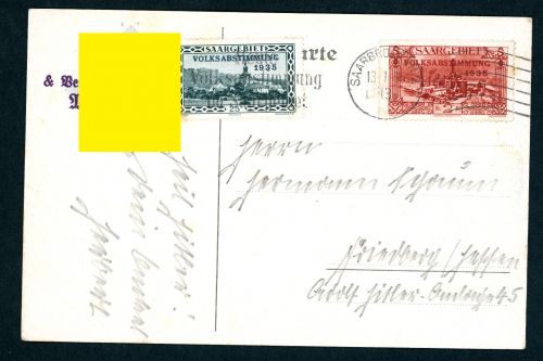 Saargebiet Mischfrankatur 191 + 182 auf Ansichtskarte Saarabstimmung