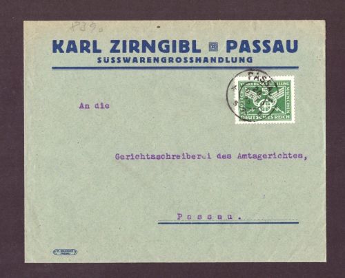 Deutsches Reich Weimar / MiNr 370 auf Brief - Passau 1925 / Süsswaren Handlung