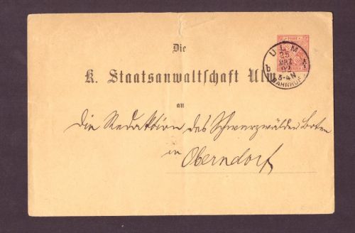 Württemberg Dienstganzsache + Staatsanwaltschaft Ulm nach Oberndorf - 1892