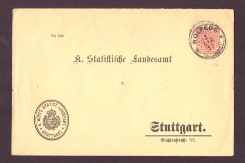 Württemberg Dienstganzsache + Wolfegg / Statistische Landesamt in Stuttgart 1913