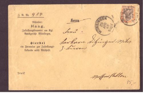 Deutsches Reich 1903 / Amtsgericht Münsingen Musterbrief nach Musterstetten