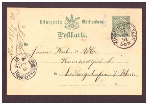 Württemberg Ganzsache - Kirchheim Teck nach Ludwigshafen - 1891