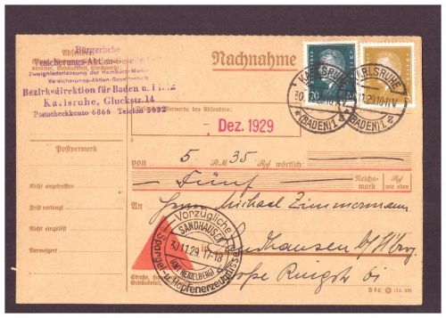 Dt. Reich Nachnahme Karte 30.11.1929 Versicherungs AG - Karlsruhe Sandhausen