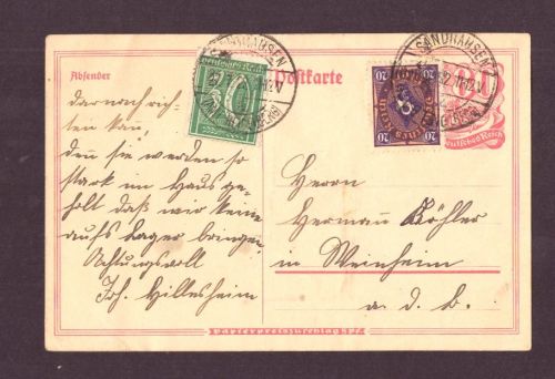 Infla Ganzsache MF - 27. 7. 1922 / Sandhausen nach Weinheim