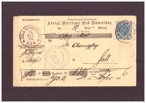 Württemberg Postanweisung - Bibersfeld nach Hall 1896