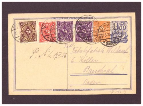 Infla Ganzsache P 148 Typ I / 22.5. 1923 - Offenburg nach Bruchsal