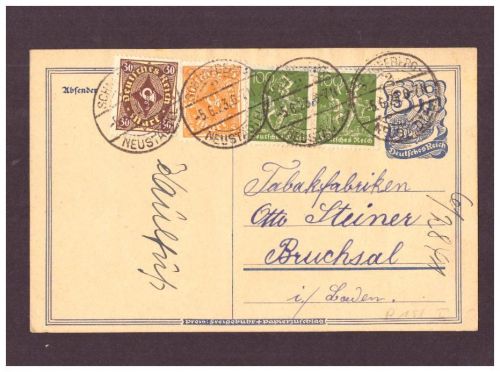 Infla Ganzsache / Tabakfabrik - Neustädtel nach Bruchsal - 1923