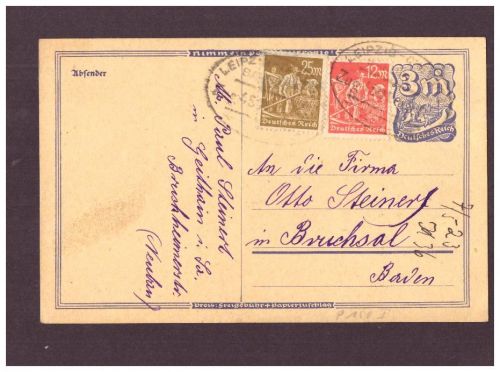 Infla Ganzsache / Tabakfabrik - Bahnpost Leipzig nach Bruchsal - 1923