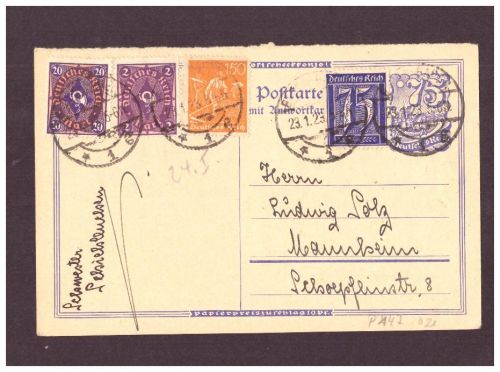 Infla Ganzsache P 147 - Baden Baden nach Mannheim - 1923