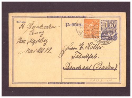 Infla Ganzsache / Tabakfabrik - Burg Bz. Magdeburg nach Bruchsal - 1923
