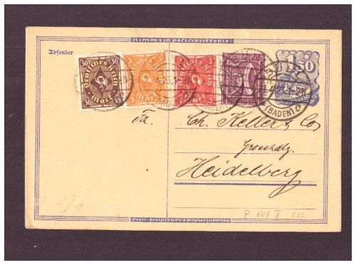 Infla Ganzsache P 148 - Bühl Baden nach Heidelberg - 1923