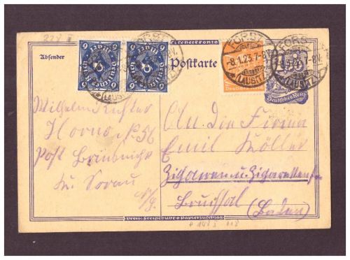 Infla Ganzsache P 148 - Forst Lausitz nach Bruchsal - 1923