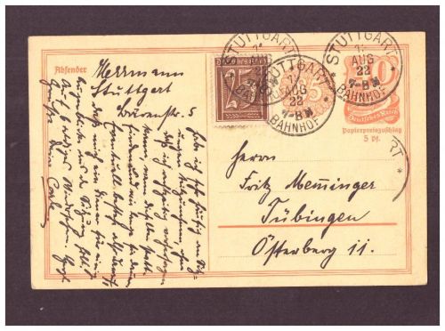 Infla Ganzsache P 153 Typ I - Stuttgart nach Tübingen - 1922