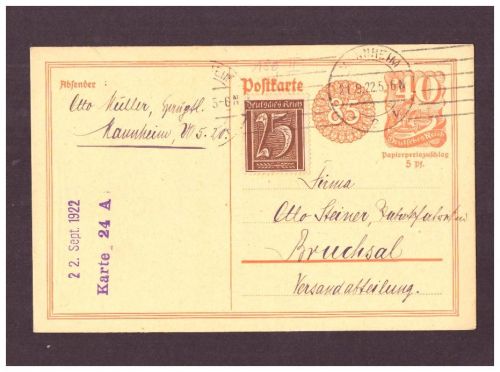 Infla Ganzsache P 153 / Tabakfabrik - Mannheim nach Bruchsal - 1922