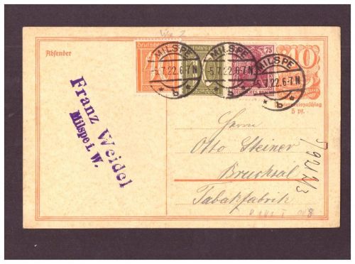 Infla Ganzsache P 141 Typ I - Milspe nach Bruchsal 1922